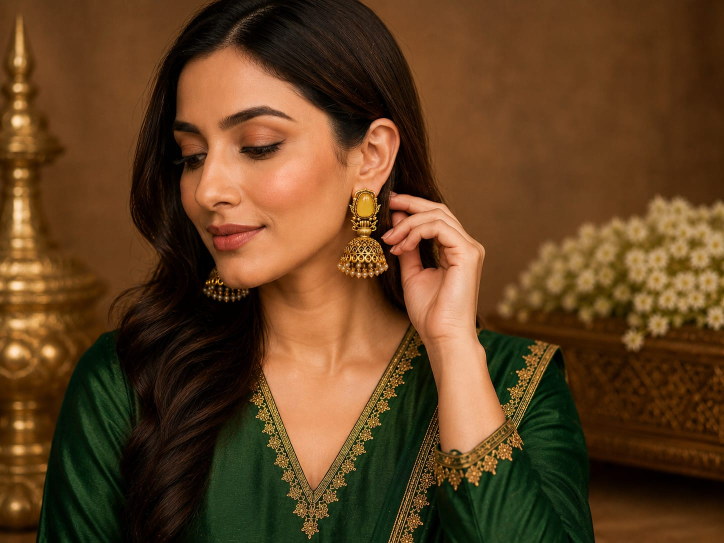 Antique Gold-Toned Jhumka Earrings with Yellow Stone, Pearl Bead Danglers, Ethnic Style for Weddings - Image 3