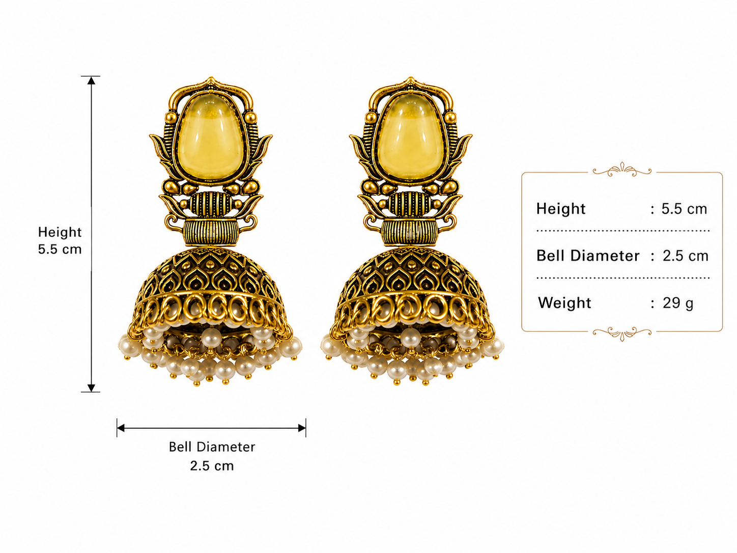 Antique Gold-Toned Jhumka Earrings with Yellow Stone, Pearl Bead Danglers, Ethnic Style for Weddings - Image 4