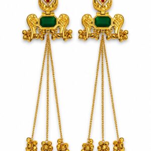 Kashmiri Green Stone Gold-Plated Long Chain Jhumka Earrings for Women | Traditional Ethnic Dangler Earrings