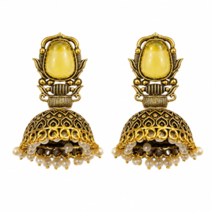 Antique Gold-Toned Jhumka Earrings with Yellow Stone, Pearl Bead Danglers, Ethnic Style for Weddings