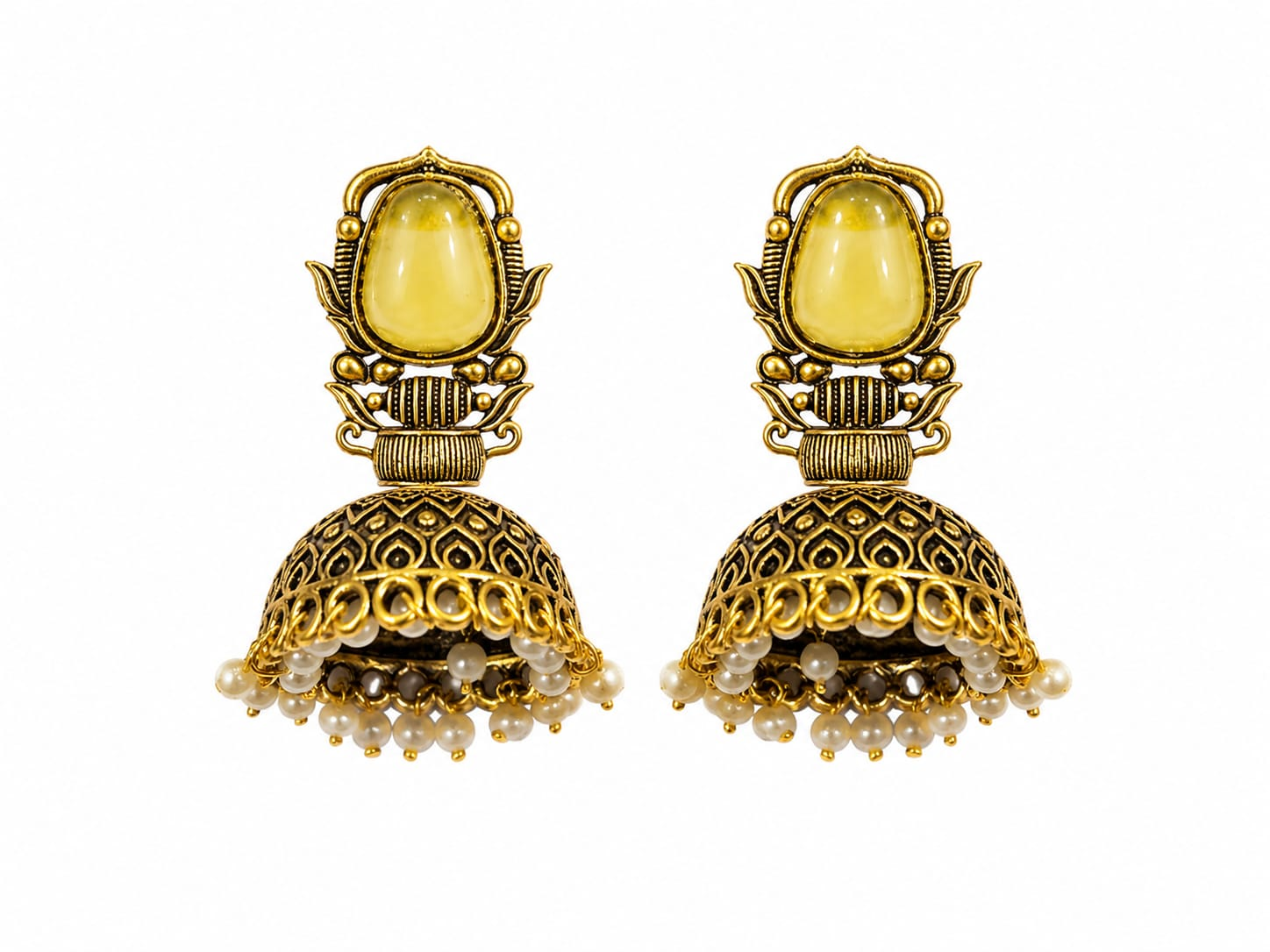 Antique Gold-Toned Jhumka Earrings with Yellow Stone, Pearl Bead Danglers, Ethnic Style for Weddings