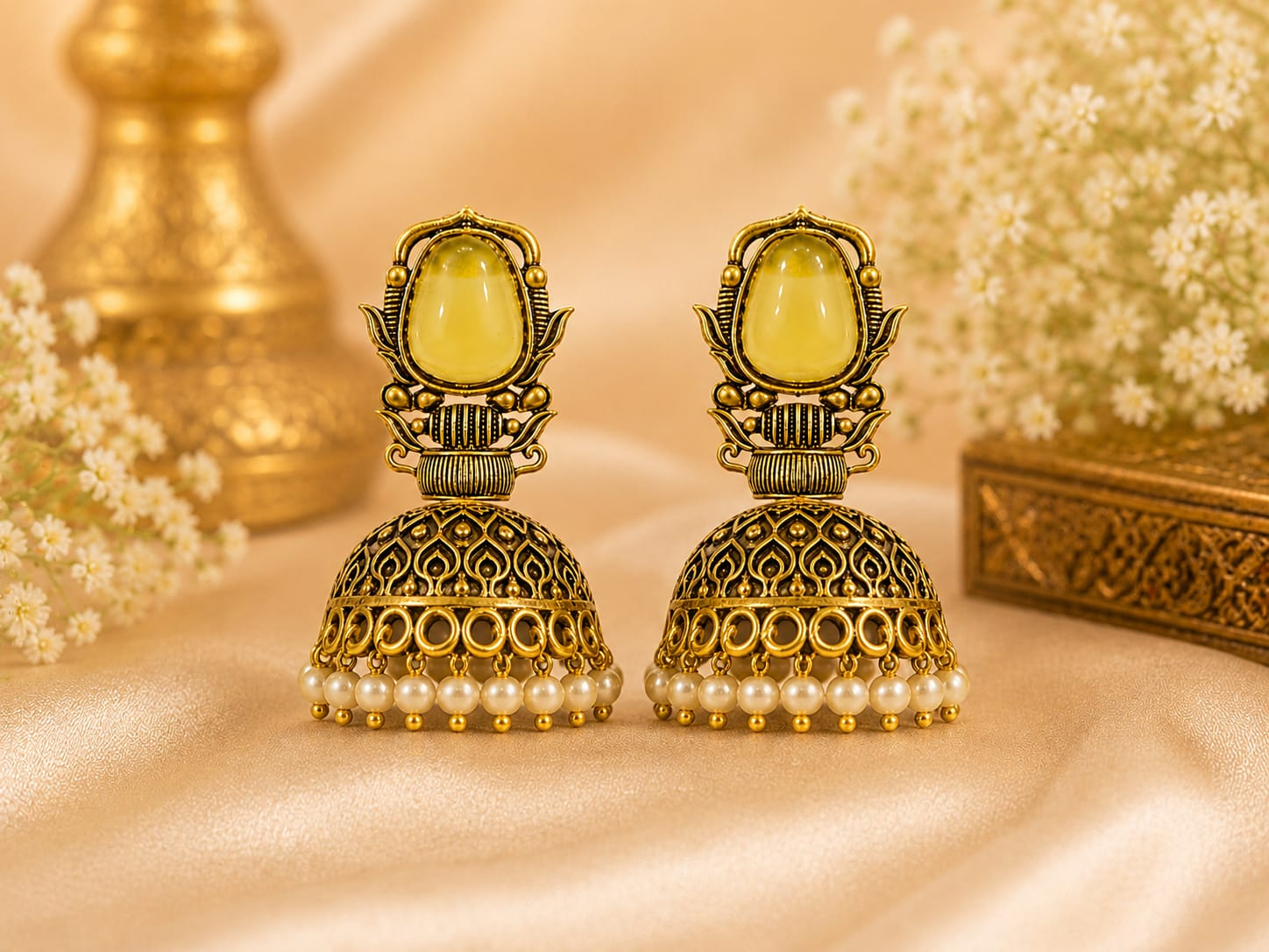 Antique Gold-Toned Jhumka Earrings with Yellow Stone, Pearl Bead Danglers, Ethnic Style for Weddings - Image 2