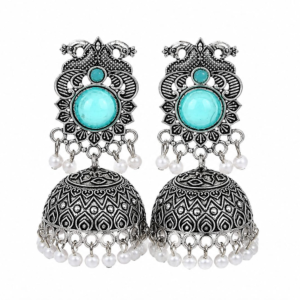 Oxidised Silver Jhumka Earrings with Turquoise Stone & Pearl Drops