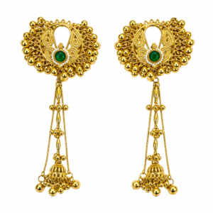 Gold-Toned Traditional Jhumka Earrings with Green Stone Accents, Dangling Bead Details, for Weddings and Festivals